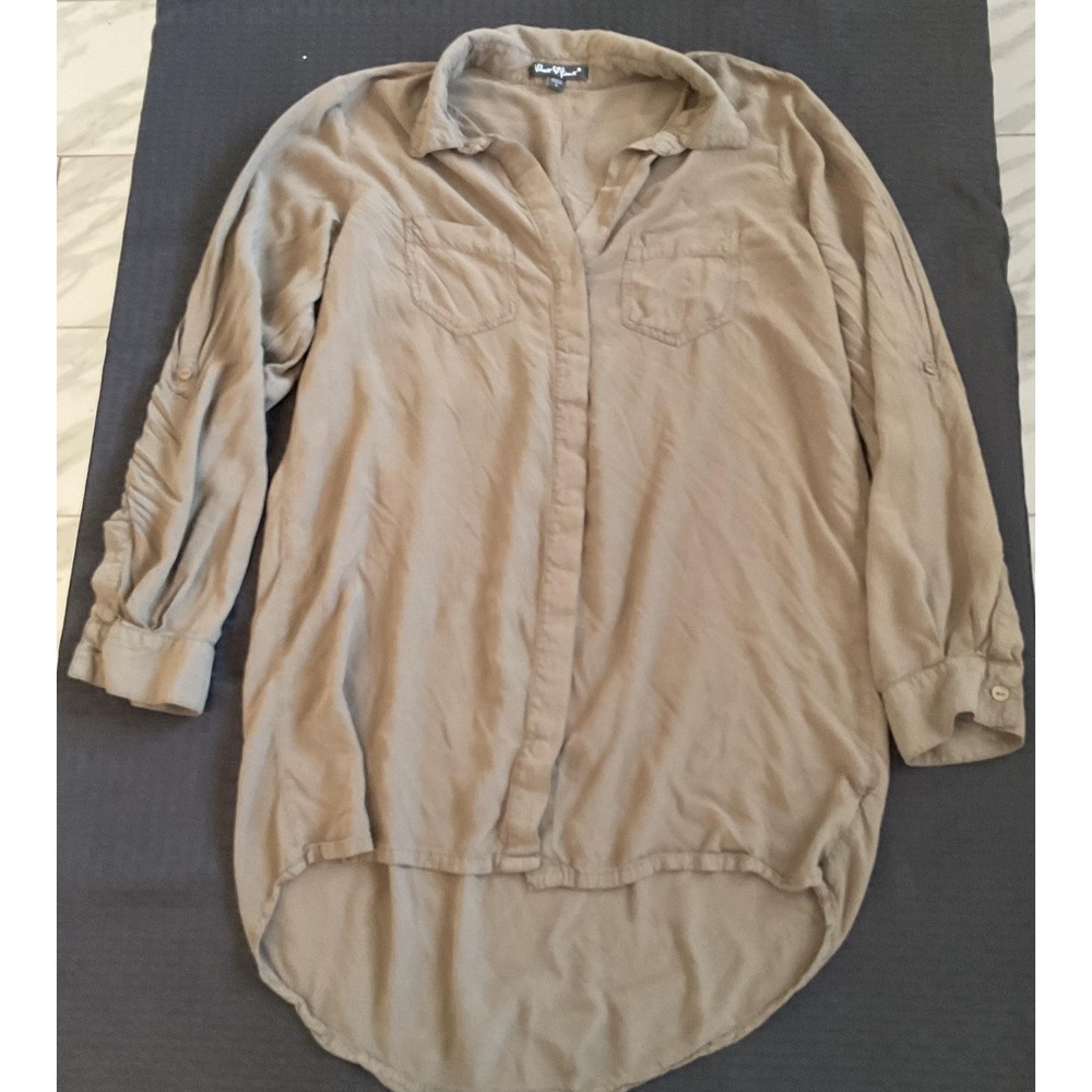 Velvet Heart Tunic Shirt Womens Large Olive Green High Low Hem Roll Tab Pockets